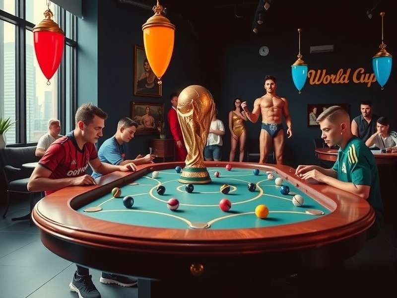 FIFA World Cup trophy on a football pitch with a standings table overlay