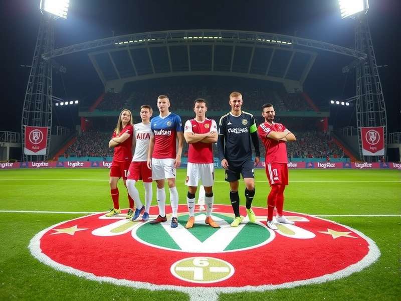 FIFA World Cup trophy on a football field with flags in the background