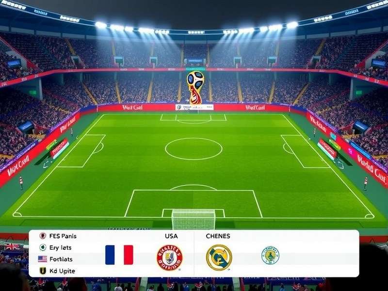 Soccer ball on pitch with stadium in background during sunset