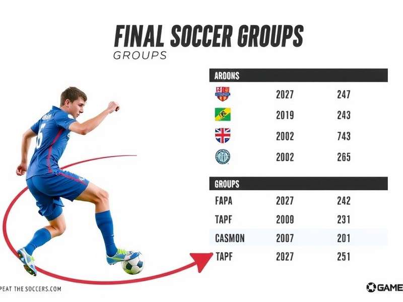 Visual representation of World Cup groups with team flags and a football