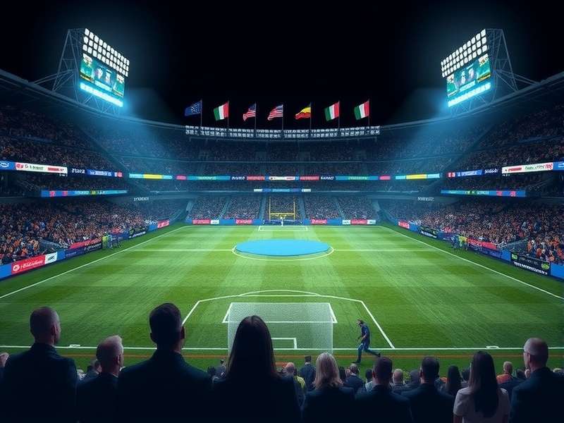 World Cup stadium with fans holding team flags