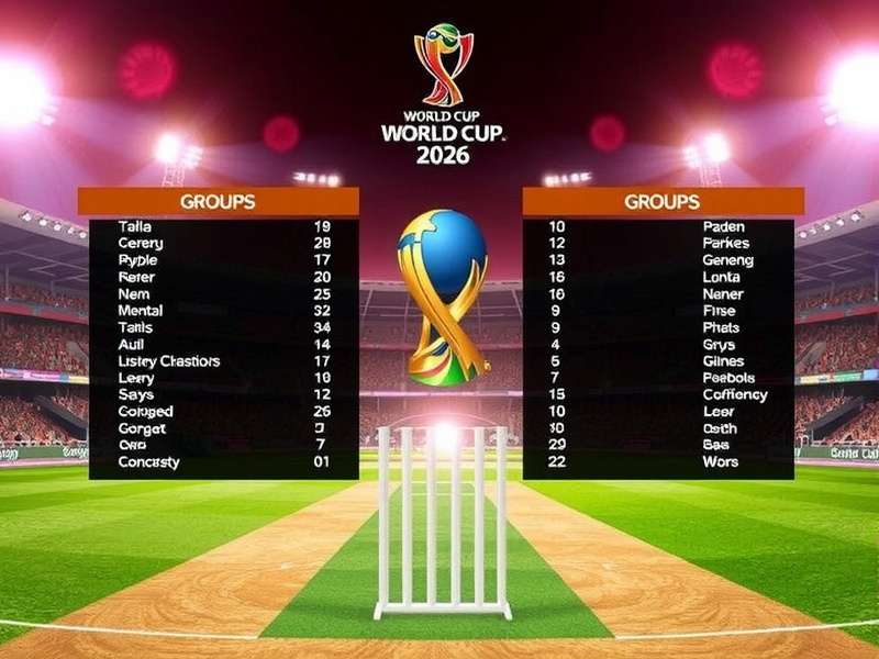 T20 World Cup 2026 trophy and cricket stadium illustration
